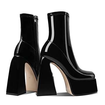 Uacllcau Platform Boots for Women Mid Calf Boots Square Toe Chunky High Heel Boots Side Zipper Ankle Booties