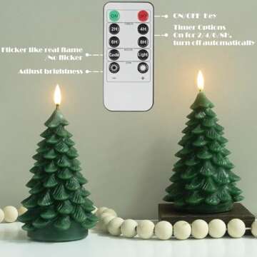 LUSHARBOR Flameless Candles with Remote Timer, 2 Pack Christmas Tree Candles Battery Operated LED Candles Real Wax Holiday Christmas Decoration for Bedroom Party Festival Gift Green
