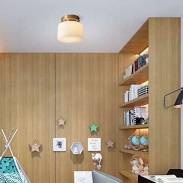 KCO Lighting Modern Brushed Gold Semi Flush Mount Drum Ceiling Light Fixture Mid Century Antique Brass Flush Mount Ceiling Light Milk Glass Hallway Ceiling Light for Living Room