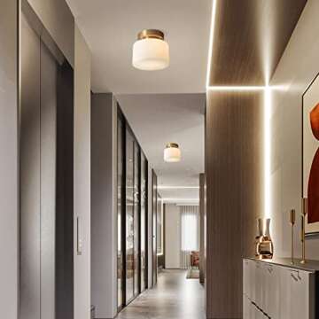 KCO Lighting Modern Brushed Gold Semi Flush Mount Drum Ceiling Light Fixture Mid Century Antique Brass Flush Mount Ceiling Light Milk Glass Hallway Ceiling Light for Living Room