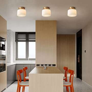 KCO Lighting Modern Brushed Gold Semi Flush Mount Drum Ceiling Light Fixture Mid Century Antique Brass Flush Mount Ceiling Light Milk Glass Hallway Ceiling Light for Living Room