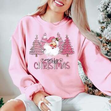 LYEIAO Merry Christmas Sweatshirt Women Xmas Santa Pink Tree Color Block Christmas Snowflake Print Long Sleeve Top Shirts(Pink1,M)