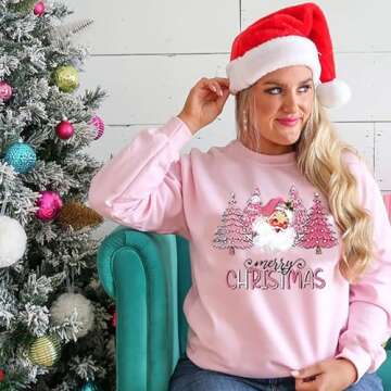 LYEIAO Merry Christmas Sweatshirt Women Xmas Santa Pink Tree Color Block Christmas Snowflake Print Long Sleeve Top Shirts(Pink1,M)