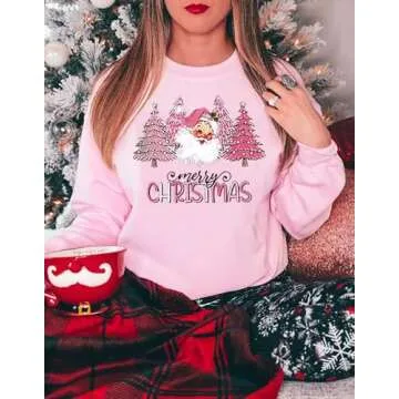 LYEIAO Merry Christmas Sweatshirt Women Xmas Santa Pink Tree Color Block Christmas Snowflake Print Long Sleeve Top Shirts(Pink1,M)