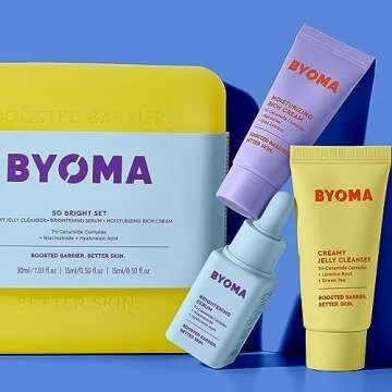 BYOMA So Bright Set - Barrier Repair Skincare Set for Brighter Skin - Creamy Jelly Cleanser, Brightening Face Serum & Ceramide Face Moisturizer - Alcohol Free Skin Care - 30ml, 15ml, 15ml