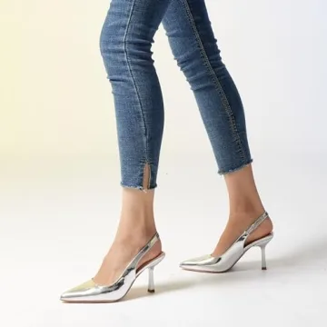 GENSHUO Women's Silver Slingback Stiletto Heels Pumps