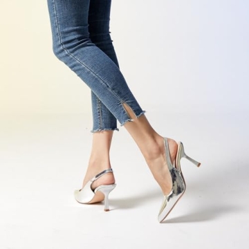 GENSHUO Women's Silver Slingback Stiletto Heels Pumps