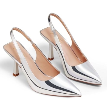 GENSHUO Women's Silver Slingback Stiletto Heels Pumps
