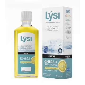 LYSI Cod Liver Oil, Omega-3 Supplement,1660mg EPA & DHA Per Serving, Plus Vitamins A,D,E, Sustainably Sourced 100% Wild Icelandic Cod, Natural Lemon, GMP Certified, 8.12 FL oz, 24 Servings