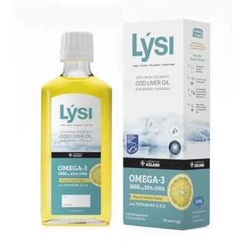 LYSI Cod Liver Oil, Omega-3 Supplement,1660mg EPA & DHA Per Serving, Plus Vitamins A,D,E, Sustainably Sourced 100% Wild Icelandic Cod, Natural Lemon, GMP Certified, 8.12 FL oz, 24 Servings