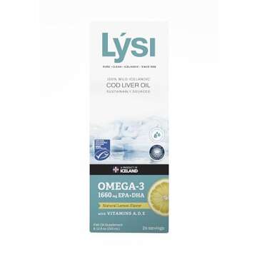 LYSI Cod Liver Oil, Omega-3 Supplement,1660mg EPA & DHA Per Serving, Plus Vitamins A,D,E, Sustainably Sourced 100% Wild Icelandic Cod, Natural Lemon, GMP Certified, 8.12 FL oz, 24 Servings