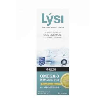 LYSI Cod Liver Oil, Omega-3 Supplement,1660mg EPA & DHA Per Serving, Plus Vitamins A,D,E, Sustainably Sourced 100% Wild Icelandic Cod, Natural Lemon, GMP Certified, 8.12 FL oz, 24 Servings
