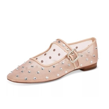 olomisa Rhinestones Ballet Flats for Women, Sparkly Mary Jane Flats Ballerina Square Toe Buckle Stra...