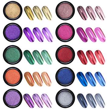 Duufin 10 Jars Chrome Nail Powder - Metallic Nail Art Powder with 10 Pcs Sticks