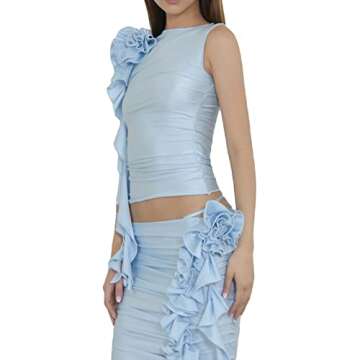 Y2k Sexy Tank Top for Women 3D Flower Ruffle Tassel Crop Top Slim Fit Sheer Mesh Shirt Club Street Wear (as1, Alpha, s, Regular, Regular, A Blue)