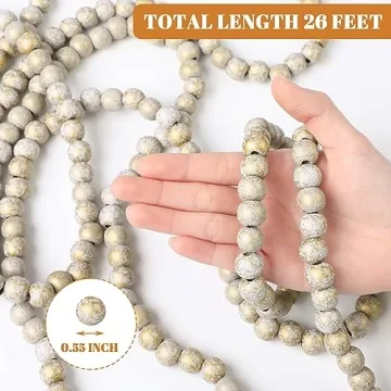 Libima 26 Feet Christmas Wooden Bead Garland Christmas Tree Decorations Rustic Farmhouse Bead Garland Bead Garland Boho Vintage Garland for Xmas Tree Holiday Decorations(Gold)