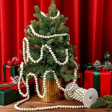 Libima 26 Feet Christmas Wooden Bead Garland Christmas Tree Decorations Rustic Farmhouse Bead Garland Bead Garland Boho Vintage Garland for Xmas Tree Holiday Decorations(Gold)
