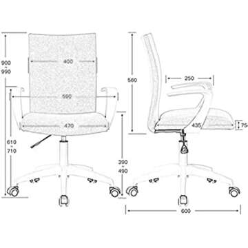 NOVELLAND Office Desk Chair with Adjustable Height - White Mordern Arms Chair - Swivel Computer Home Task Chairs Grey