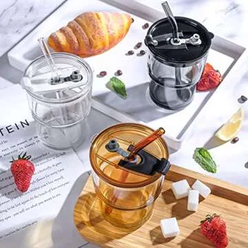cosnou 13 OZ/400ML Ice Coffee Glass Tumbler with Straw and Lid Sealed Carry On, Thick Wall Water Glass Cup Mug Tea （Amber）