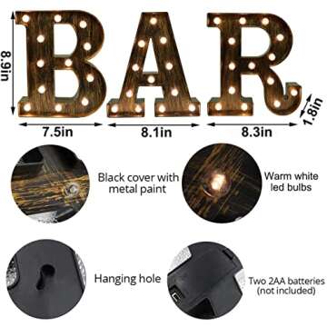 Light Up BAR Sign, LED Vintage Letters Home Decor Name Signs - Illuminated Marquee Letter Sign Lights - Battery Operated - Lighted Accessories & Decorations