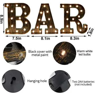 Light Up BAR Sign, LED Vintage Letters Home Decor Name Signs - Illuminated Marquee Letter Sign Lights - Battery Operated - Lighted Accessories & Decorations