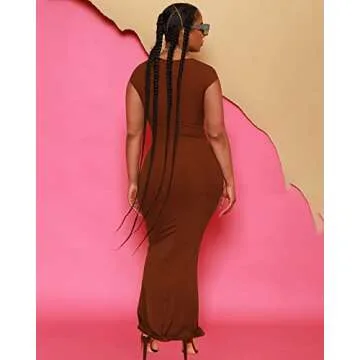 Doweha Casual Sexy T Shirt Dresses for Women 2025 Square Neck Short Sleeve Wrap Party Club Bodycon Long Maxi Dress Cute Summer Outfit Brown M