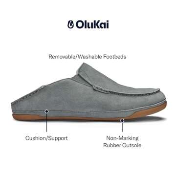 OLUKAI Kipuka Hulu Men's Leather Slippers, Premium Nubuck Leather Slip On Shoes, Shearling Lining & Gel Insert, Drop-In Heel Design, Charcoal/Charcoal, 10