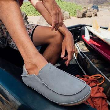 OLUKAI Kipuka Hulu Men's Leather Slippers, Premium Nubuck Leather Slip On Shoes, Shearling Lining & Gel Insert, Drop-In Heel Design, Charcoal/Charcoal, 10