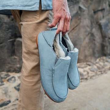 OLUKAI Kipuka Hulu Men's Leather Slippers, Premium Nubuck Leather Slip On Shoes, Shearling Lining & Gel Insert, Drop-In Heel Design, Charcoal/Charcoal, 10