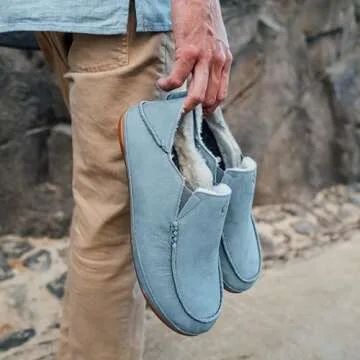 OLUKAI Kipuka Hulu Men's Leather Slippers, Premium Nubuck Leather Slip On Shoes, Shearling Lining & Gel Insert, Drop-In Heel Design, Charcoal/Charcoal, 10