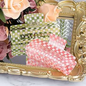 Large Checkered Claw Hair Clips for Thick Hair - 2pcs 4 Inch Rectangle Y2K Fashion Hair Clips in Pink Green Checkerboard