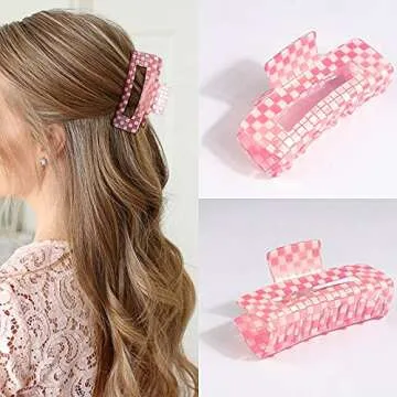 Large Checkered Claw Hair Clips for Thick Hair - 2pcs 4 Inch Rectangle Y2K Fashion Hair Clips in Pink Green Checkerboard