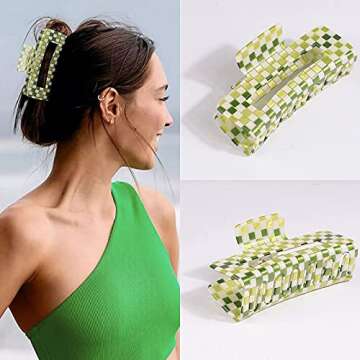 Large Checkered Claw Hair Clips for Thick Hair - 2pcs 4 Inch Rectangle Y2K Fashion Hair Clips in Pink Green Checkerboard