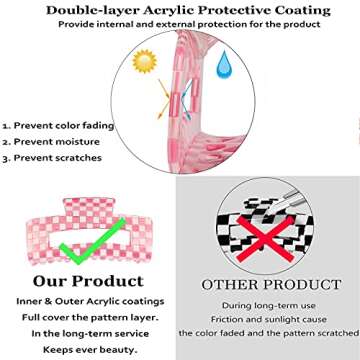 Large Checkered Claw Hair Clips for Thick Hair - 2pcs 4 Inch Rectangle Y2K Fashion Hair Clips in Pink Green Checkerboard