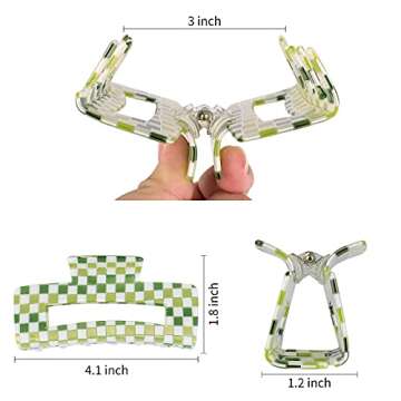 Large Checkered Claw Hair Clips for Thick Hair - 2pcs 4 Inch Rectangle Y2K Fashion Hair Clips in Pink Green Checkerboard