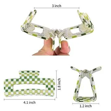 Large Checkered Claw Hair Clips for Thick Hair - 2pcs 4 Inch Rectangle Y2K Fashion Hair Clips in Pink Green Checkerboard