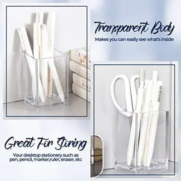 Acrylic Pen Holder for Desk - Includes Metal Keychain – Acrylic Pencil Holder Clear Makeup Brush Holder – Acrylic Desk Accessories, Stationery Organizer for Office Desk Accessory - 1-Piece, 2.6x2.6x4"