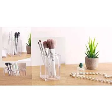 Acrylic Pen Holder for Desk - Includes Metal Keychain – Acrylic Pencil Holder Clear Makeup Brush Holder – Acrylic Desk Accessories, Stationery Organizer for Office Desk Accessory - 1-Piece, 2.6x2.6x4"