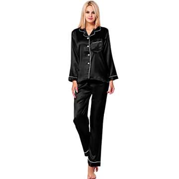 SWOMOG Womens Silk Satin Pajamas Long Sleeve Loungewear Two-piece Sleepwear Button-Down Pj Set (Large, Black)