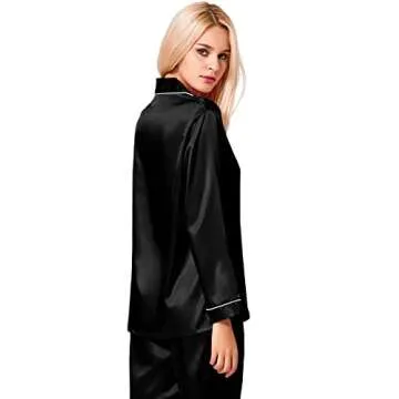 SWOMOG Womens Silk Satin Pajamas Long Sleeve Loungewear Two-piece Sleepwear Button-Down Pj Set (Large, Black)