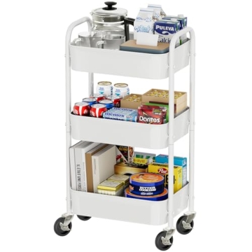 Simple Trending 3 Tier Metal Cart on Wheels, Heavy Duty Rolling Storage Cart for Kitchen to Organize...