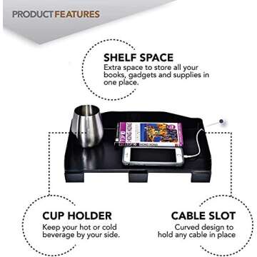 Modern Innovations Bedside Shelf for Bed, College Dorm Room, Top Bunk, Clip On Nightstand Tray with Cord and Cup Holder, Bunkbed Caddy for Table Storage (Black)