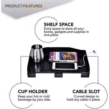 Modern Innovations Bedside Shelf for Bed, College Dorm Room, Top Bunk, Clip On Nightstand Tray with Cord and Cup Holder, Bunkbed Caddy for Table Storage (Black)