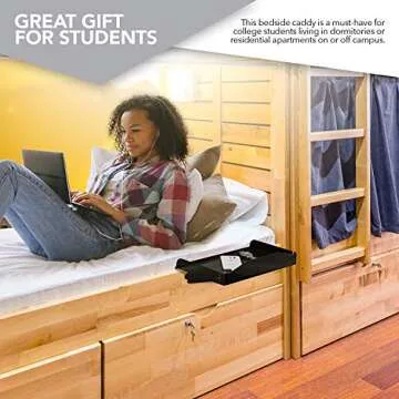 Modern Innovations Bedside Shelf for Bed, College Dorm Room, Top Bunk, Clip On Nightstand Tray with Cord and Cup Holder, Bunkbed Caddy for Table Storage (Black)