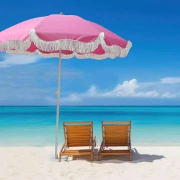 Elyrthriumc Boho Beach Umbrella with Fringe Pink Patio Umbrella 6.5ft Portable Outdoor Umbrella for Table Tilt Pool Umbrella Rainproof Holiday Umbrellas Patio Parasol with Carry Bag UV Protection