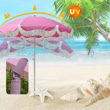Elyrthriumc Boho Beach Umbrella with Fringe Pink Patio Umbrella 6.5ft Portable Outdoor Umbrella for Table Tilt Pool Umbrella Rainproof Holiday Umbrellas Patio Parasol with Carry Bag UV Protection