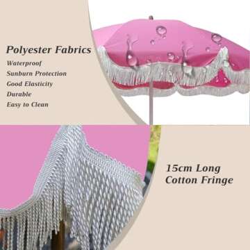 Elyrthriumc Boho Beach Umbrella with Fringe Pink Patio Umbrella 6.5ft Portable Outdoor Umbrella for Table Tilt Pool Umbrella Rainproof Holiday Umbrellas Patio Parasol with Carry Bag UV Protection