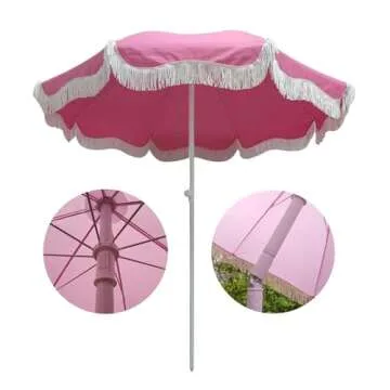 Elyrthriumc Boho Beach Umbrella with Fringe Pink Patio Umbrella 6.5ft Portable Outdoor Umbrella for Table Tilt Pool Umbrella Rainproof Holiday Umbrellas Patio Parasol with Carry Bag UV Protection