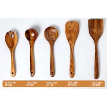 Wooden Kitchen Utensils Set, 5 PCs Natural Acacia Wooden Cooking Spoons Set for Non-stick Skillet, Wooden utensils For Cooking With Soup Ladle and Wok Spatulas, Salad fork, Wooden Spurtles for Cooking