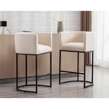 HNY Modern Counter Height Linen Fabric Cream Upholstered Counter Stools Set of 2, 29 Inch Kitchen Island Stool with Black Tubular Frame
